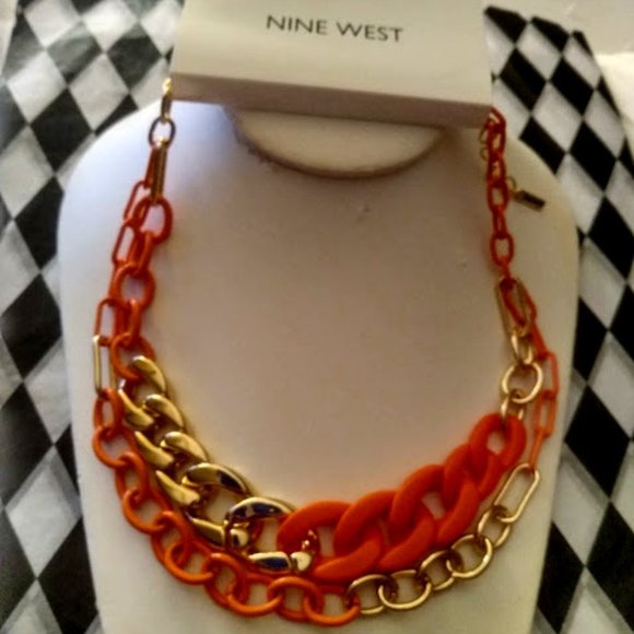 NINE WEST 1980's Inspired Gold/Neon Orange Link Layered Necklace**NEW! - Picture 4 of 5